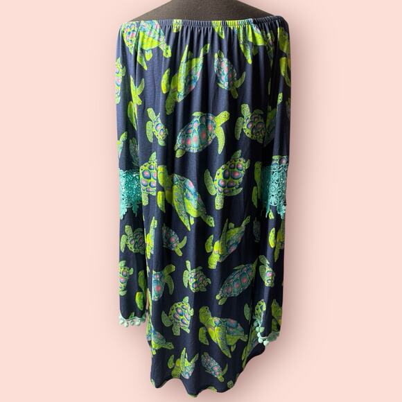 Simply Southern Knit Dress Womens Navy Blue Pink Turtles Medium Long Bell Sleeve - Picture 2 of 5